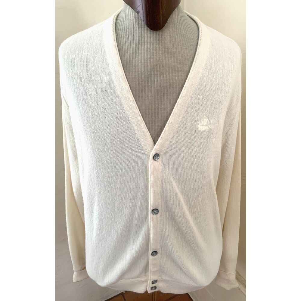 Vintage IZOD Men’s Cardigan Sweater White Acrylic Button Front Made USA Size Lg